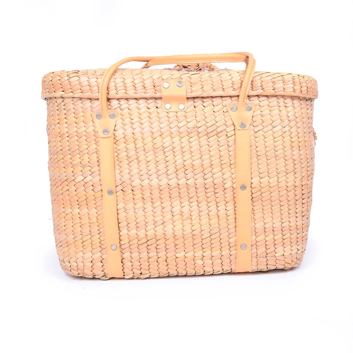 1960s Straw Picnic Basket Handbag w/ Straw Flowers & Embroidered Leaves