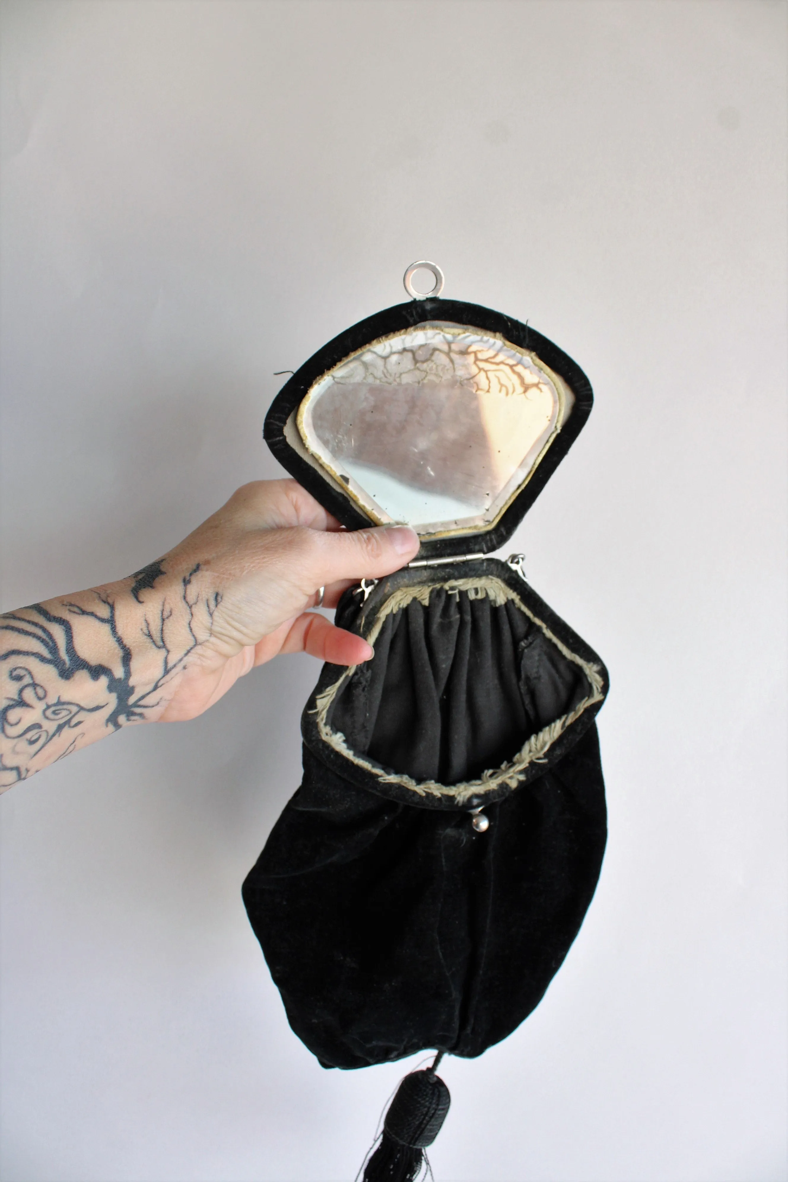 Antique 1910s Black Velvet Reticule with Beaded Flower and Mirror