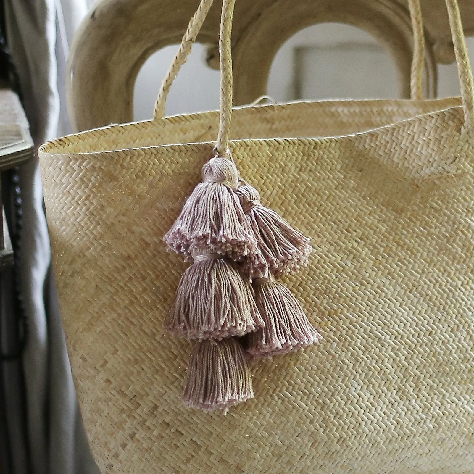 Borneo Sani Straw Tote Bag - with Pale Blush Tassels