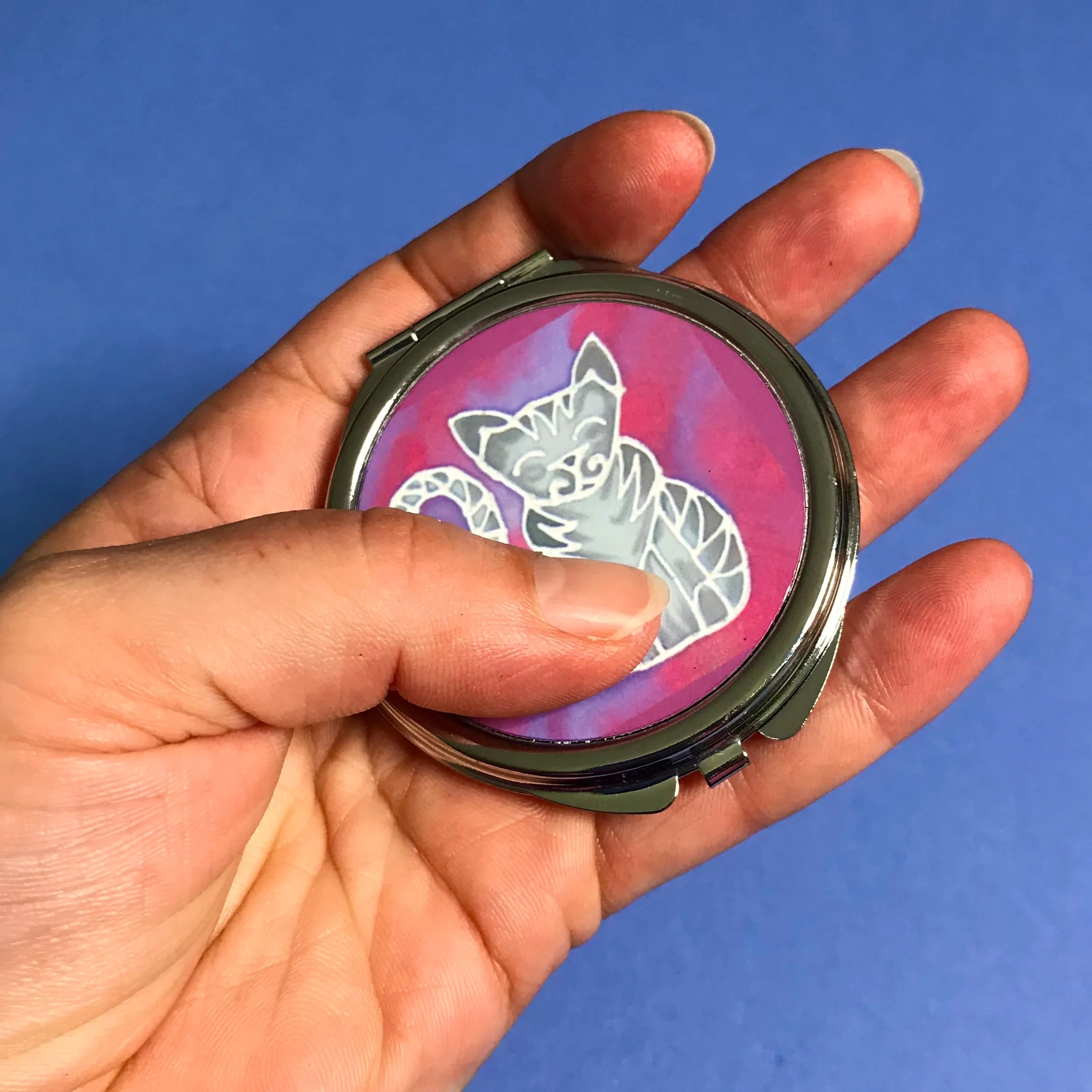 Cute Grey Tabby Cat Pocket Mirror -  Pink Grey Cat Handbag Mirror - Gift for Her