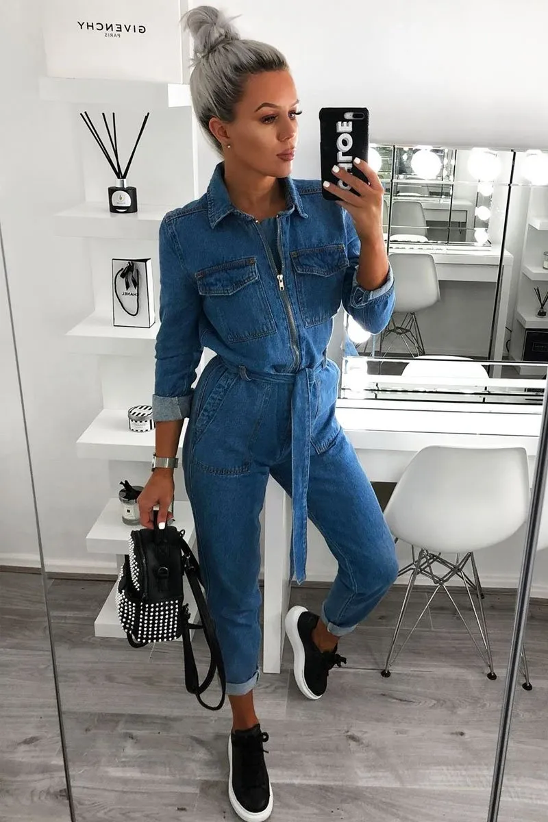 Dark Blue Denim Belted Boilersuit - Lucindy