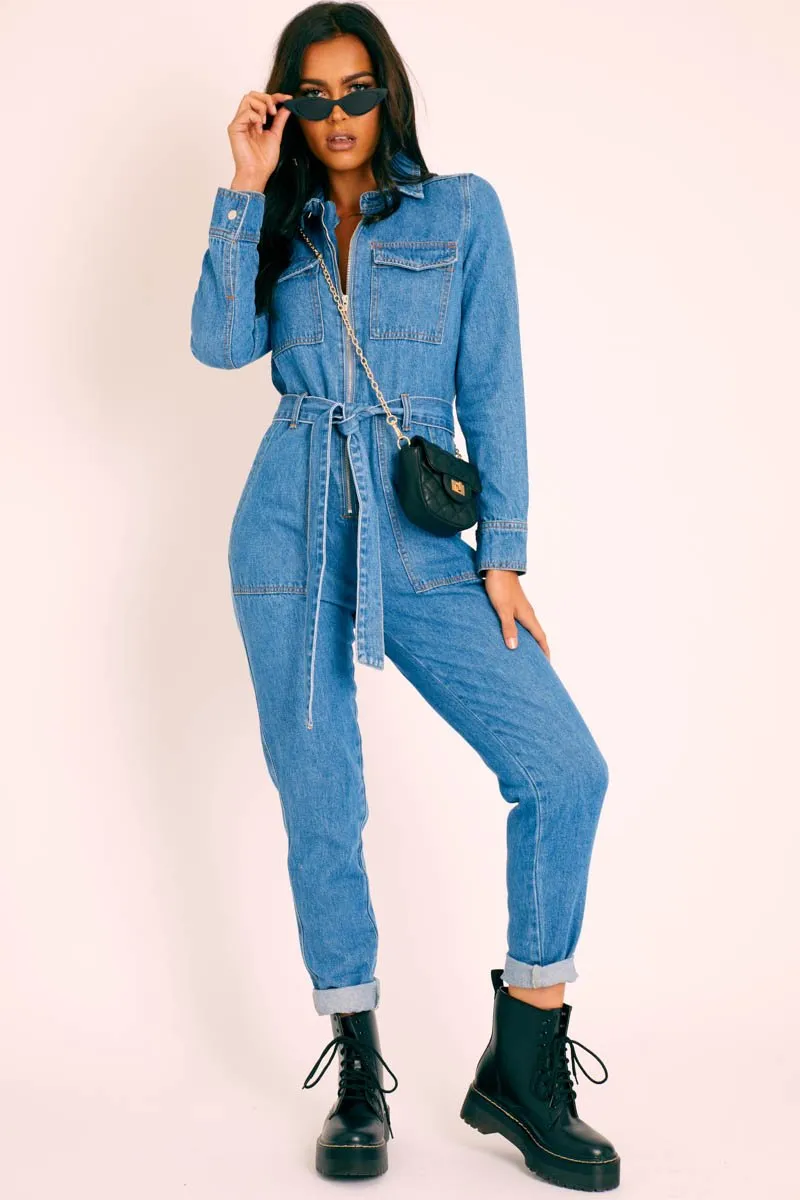 Dark Blue Denim Belted Boilersuit - Lucindy