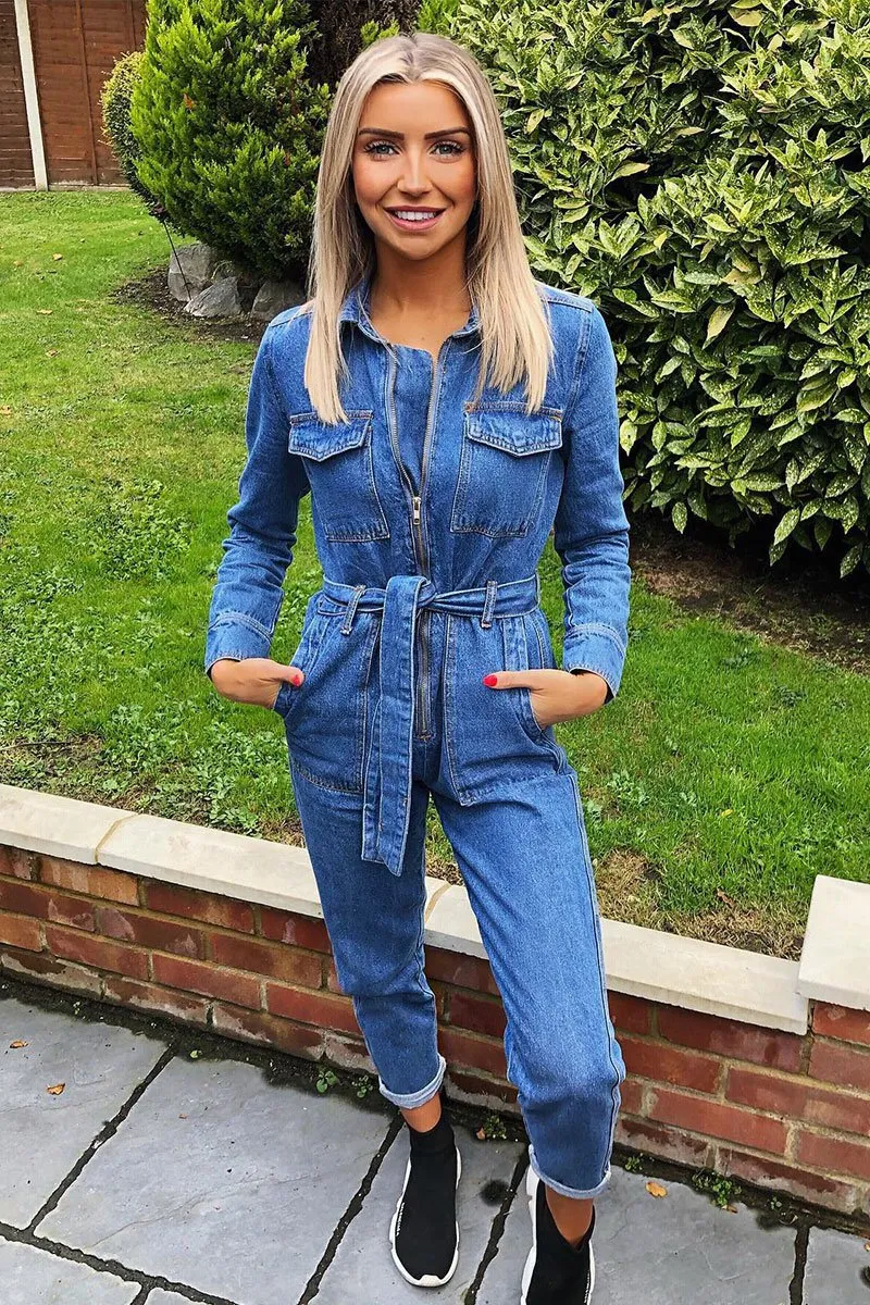 Dark Blue Denim Belted Boilersuit - Lucindy