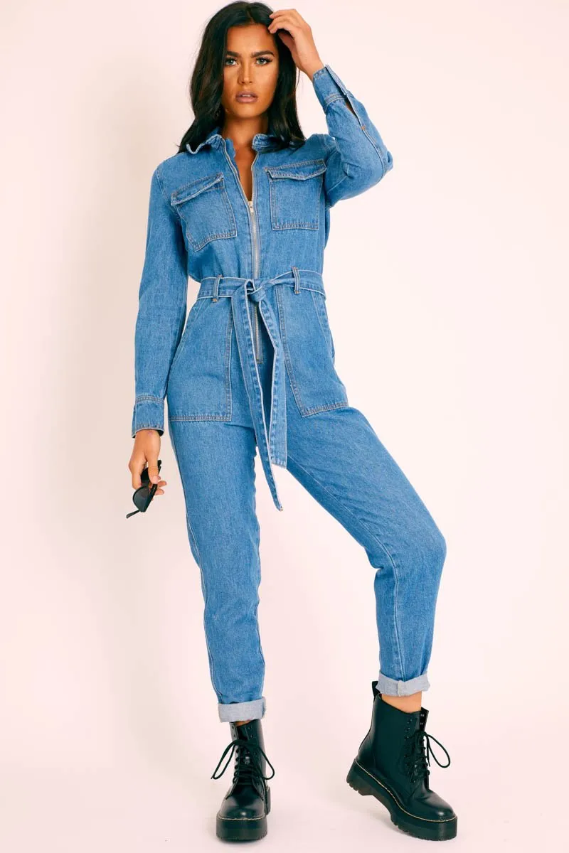 Dark Blue Denim Belted Boilersuit - Lucindy