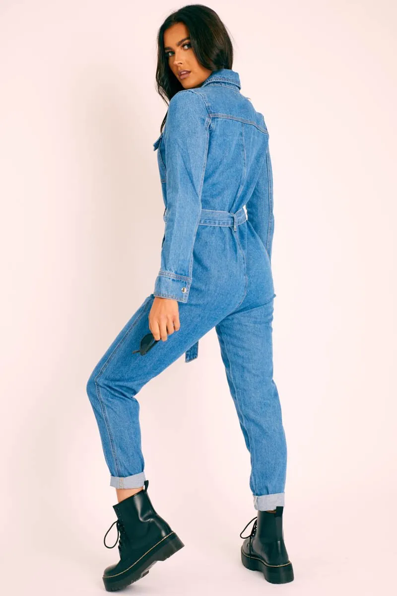 Dark Blue Denim Belted Boilersuit - Lucindy