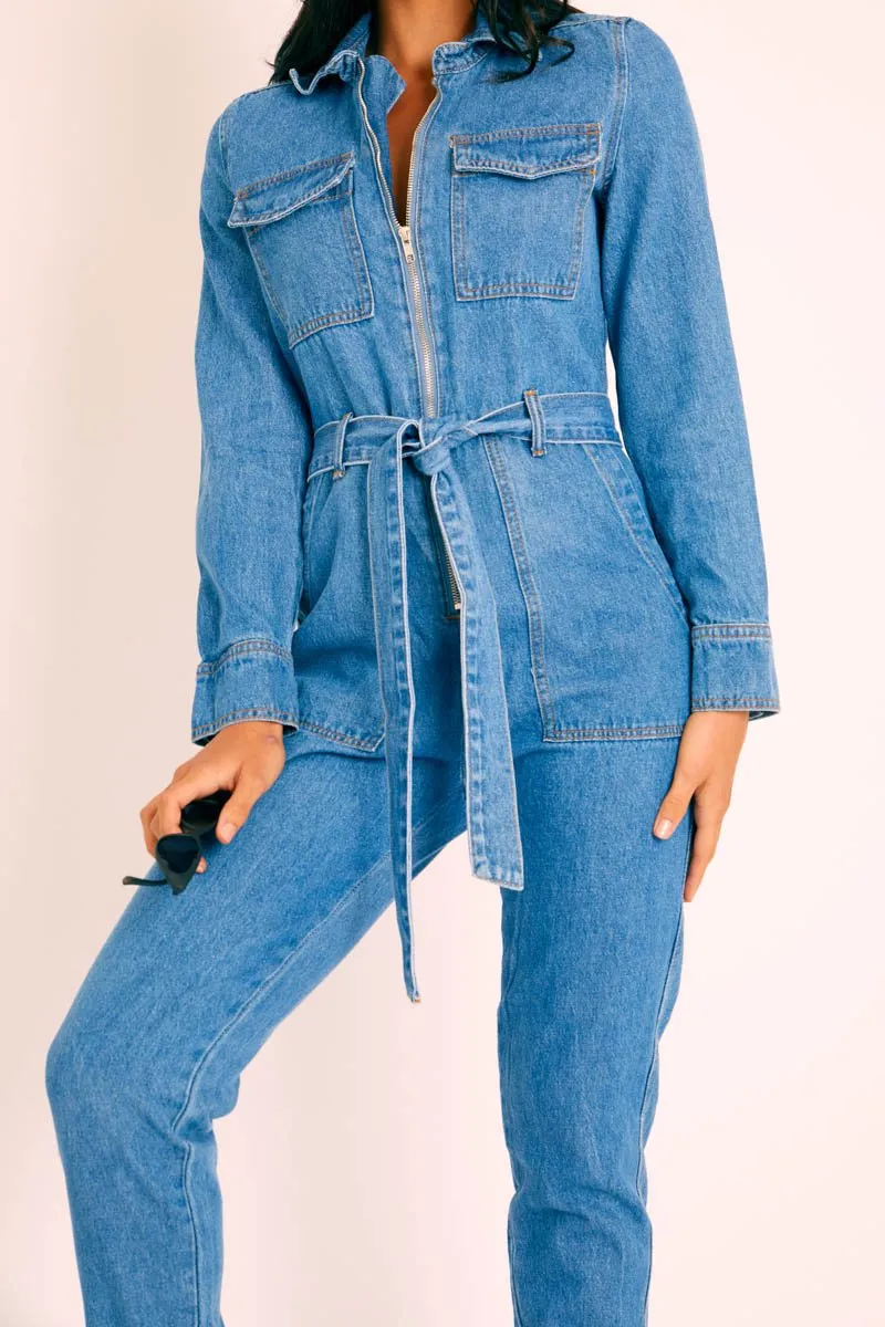 Dark Blue Denim Belted Boilersuit - Lucindy