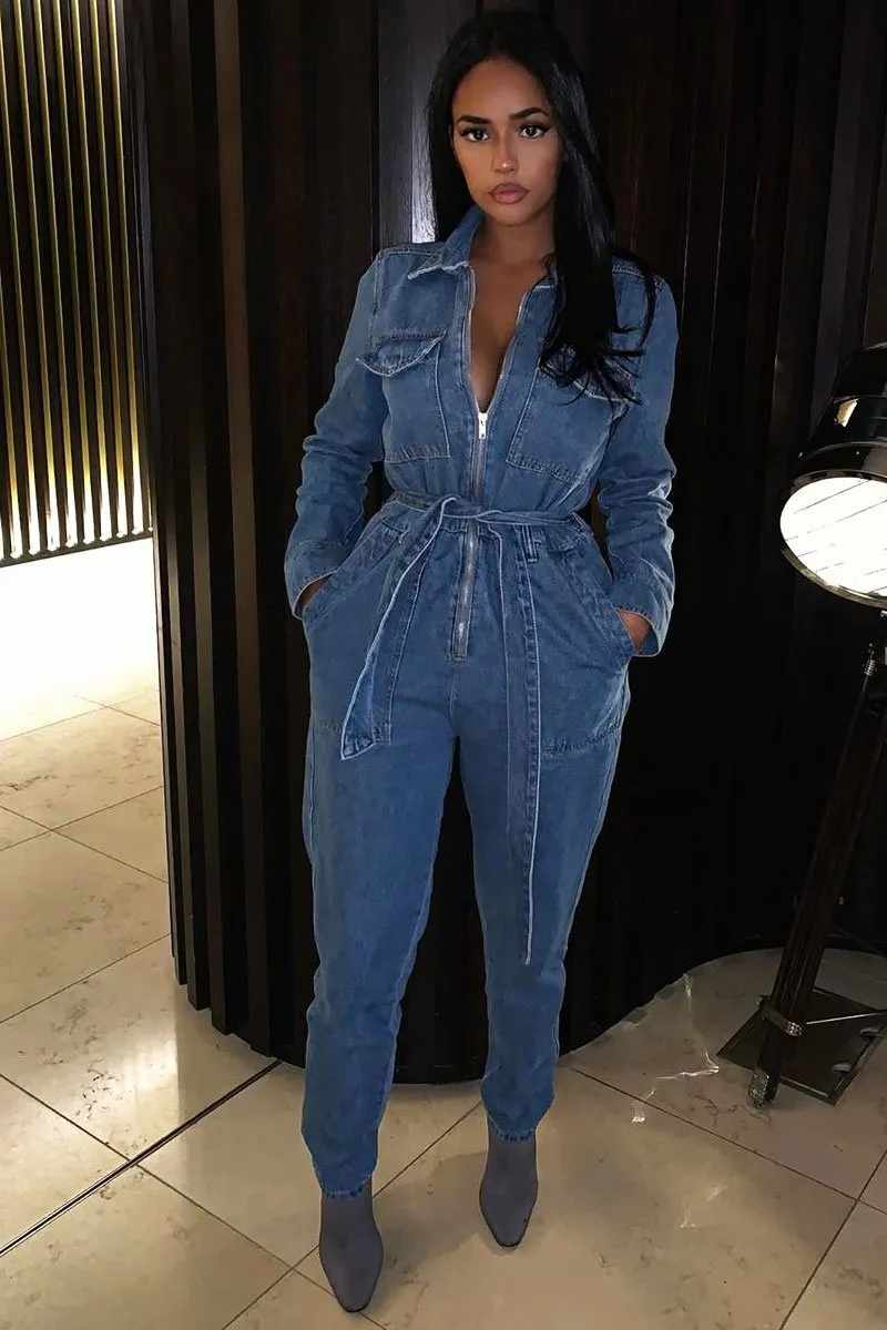 Dark Blue Denim Belted Boilersuit - Lucindy