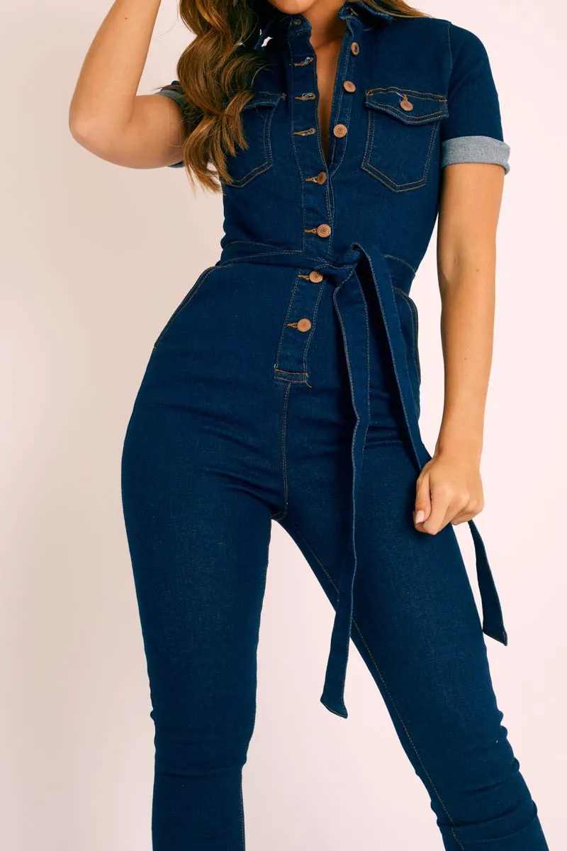 Dark Blue Denim Short Sleeve Button Up Belted Waist Boilersuit - Stevie