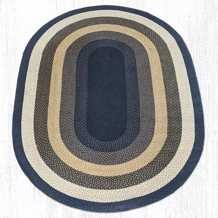 Dark/Light Blue & Mustard Braided Rug - Oval