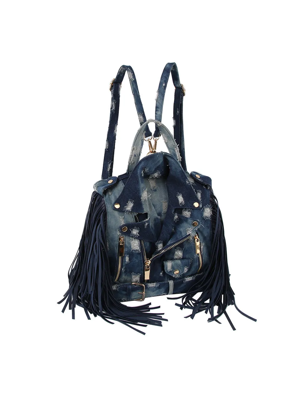 Denim fringe Motorcycle Jacket Backpack