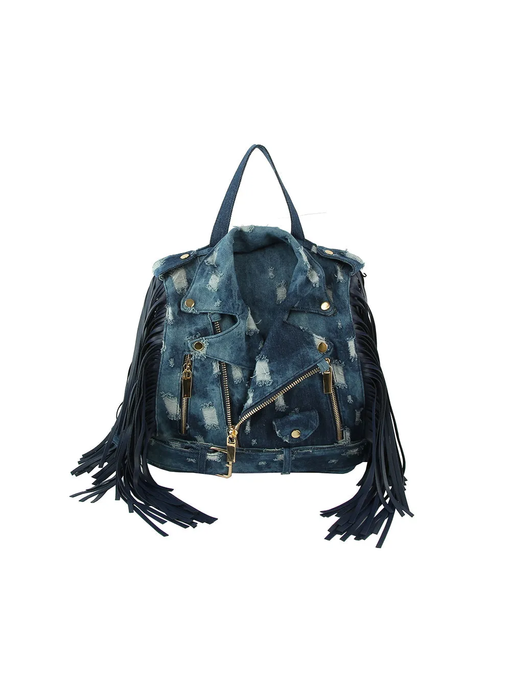 Denim fringe Motorcycle Jacket Backpack