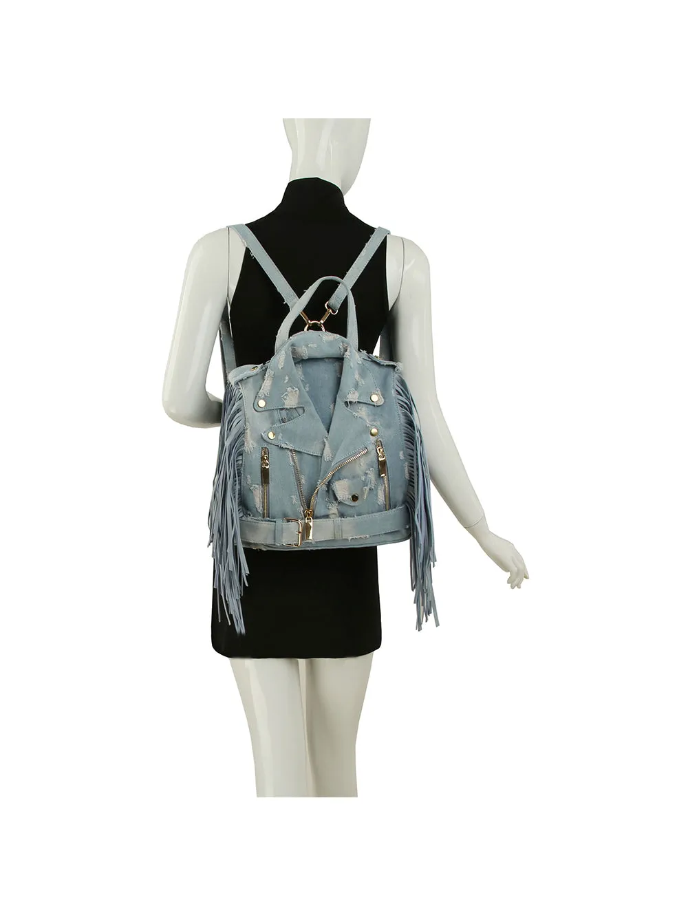 Denim fringe Motorcycle Jacket Backpack