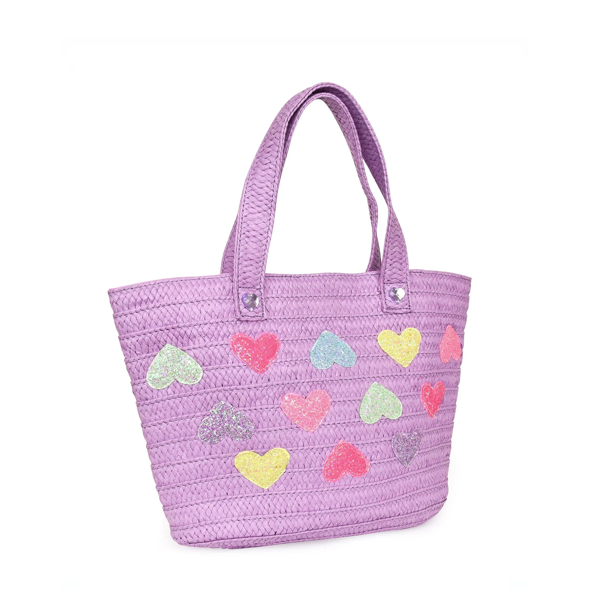 Glitter Heart-Patched Straw Tote Bag