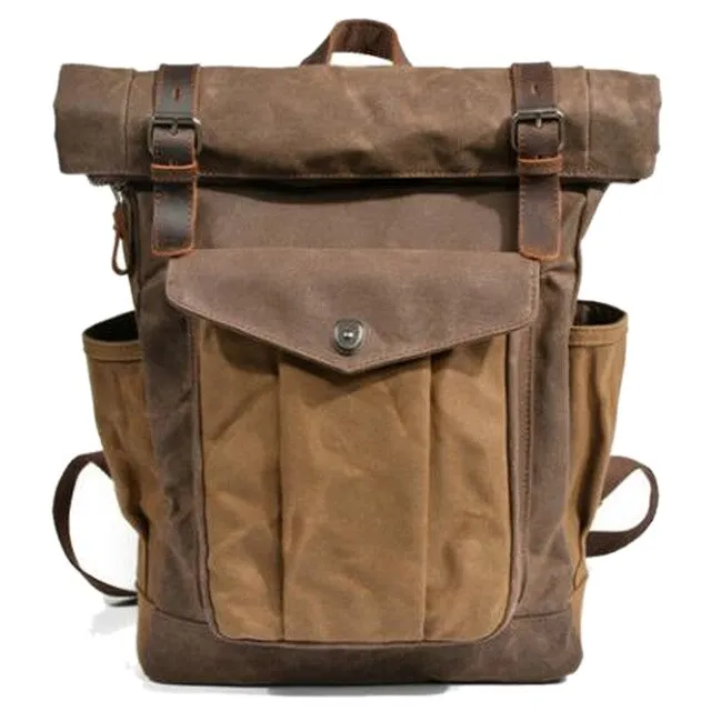 Men's Vintage Cowhide and Canvas Top Rolled Explorer Backpack