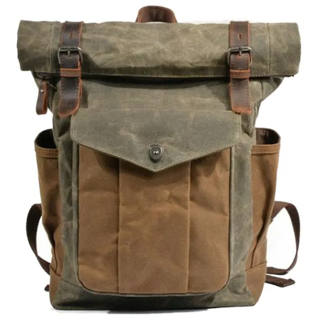 Men's Vintage Cowhide and Canvas Top Rolled Explorer Backpack