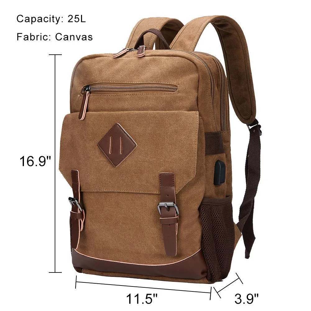 Modoker Canvas Vintage 15.6 Inch Laptop Backpack With USB Charging Port- Brown