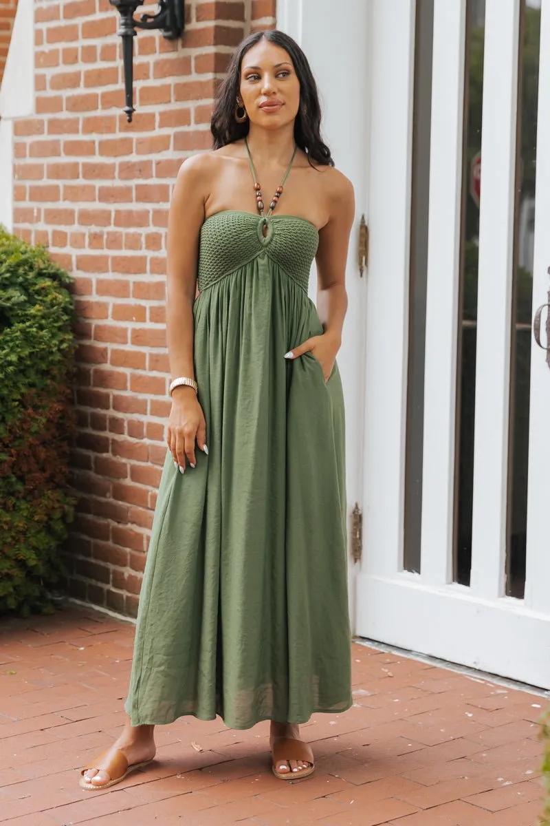 Olive Halter Beaded Ruched Maxi Dress - FINAL SALE