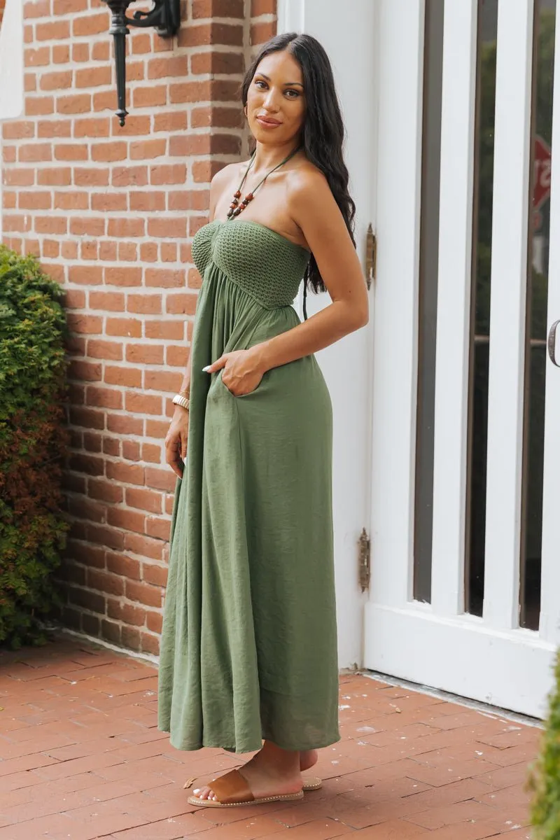 Olive Halter Beaded Ruched Maxi Dress - FINAL SALE