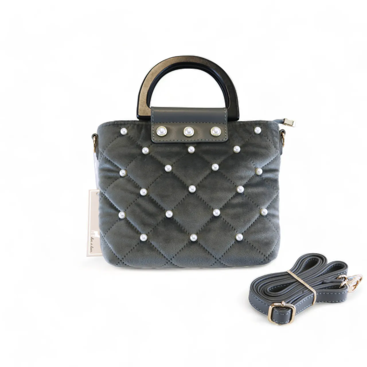 Pearls Quilted Velvet Bag - Grey