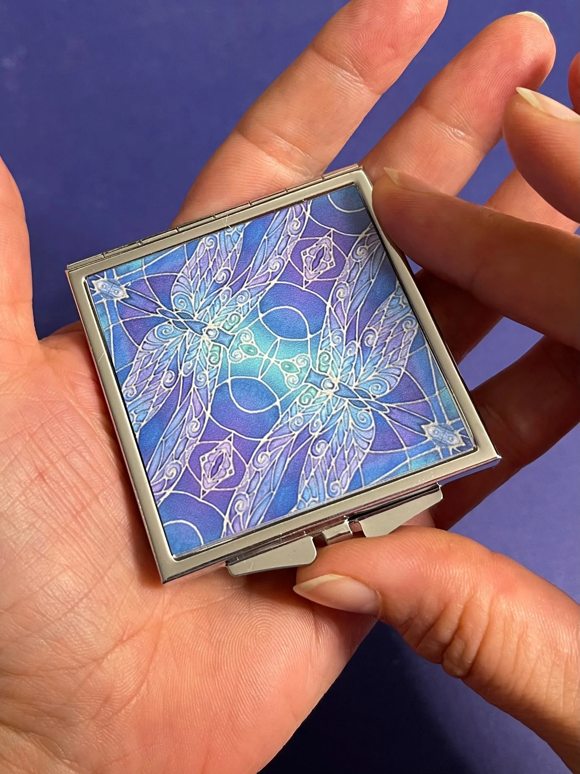 Purple Blue Dragonflies Pocket Mirror - Pretty Art Nouveau Handbag Mirror - Gift for Her