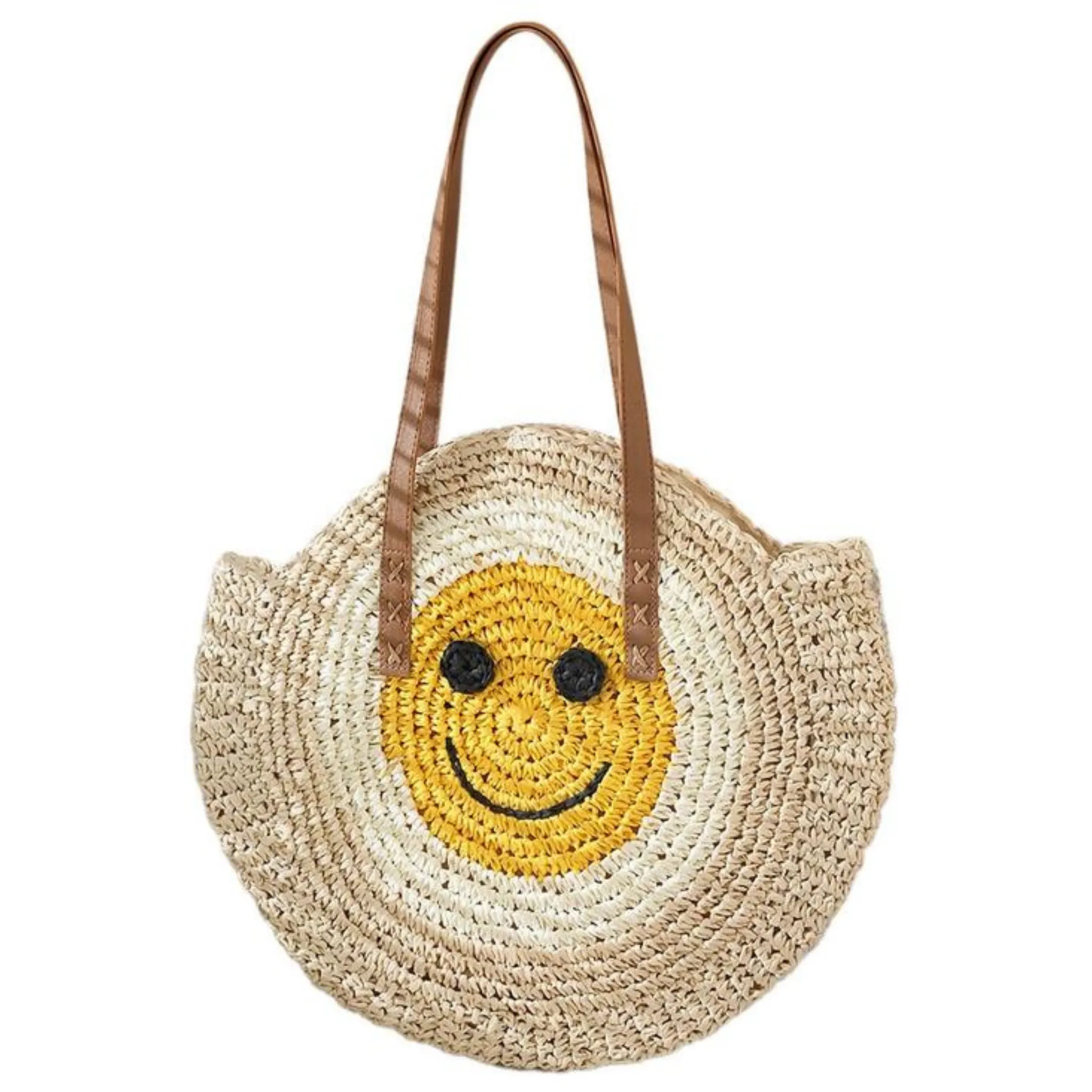 Smiley Face Rattan Wicker Round Beach Tote Bag