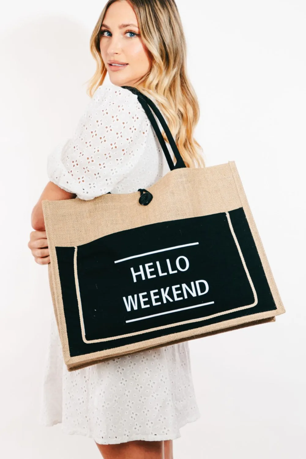 TEEK - Hello Weekend Burlap Tote Bag